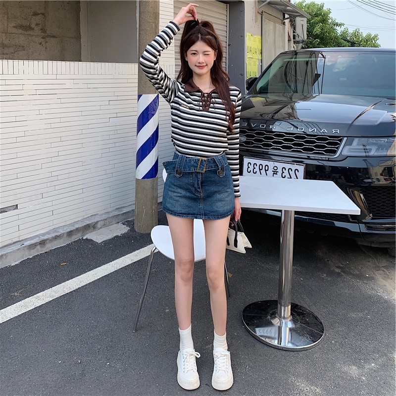 Áo dệt kim ZHELIHANGFEI tay dài cổ bẻ cột dây họa tiết kẻ sọc thời trang trẻ trung cho nữ