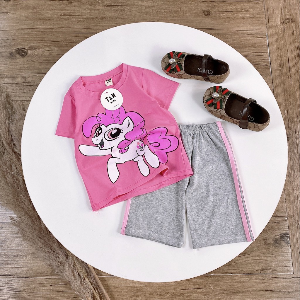 Bộ cotton hình con ngựa pony màu hồng cho bé gái - AT01