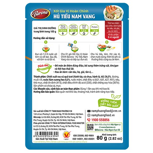 Combo 1 gói Xốt Barona Bún Bò Huế 80g, 1 gói Xốt Barona Hủ Tiếu Nam Vang 80g TẶNG 1 Hũ Sa tế XO Thượng hạng Barona 100g