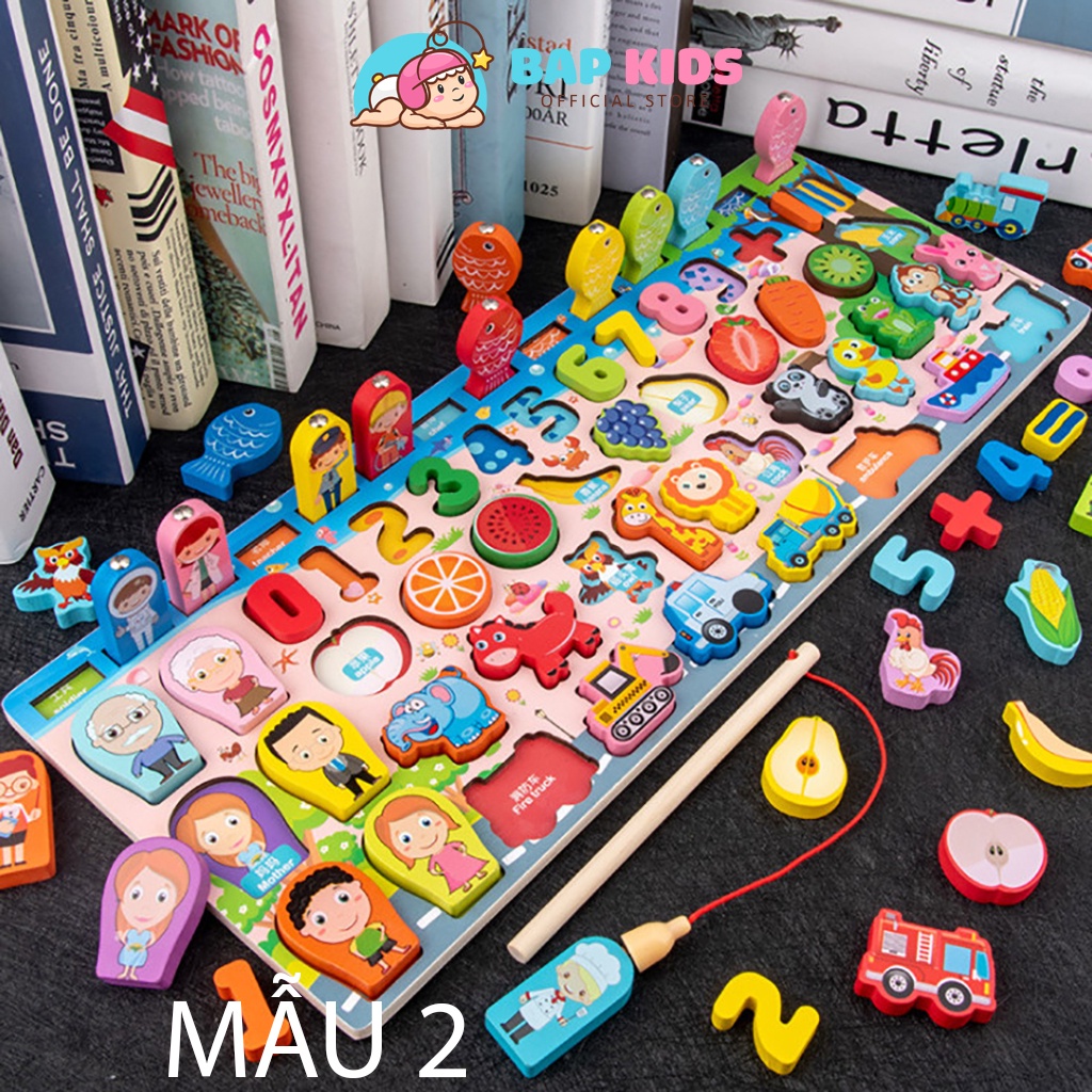 Đồ chơi câu cá gỗ đa năng 7 trong 1 kèm hình khối, số, chữ và phương tiện giao thông