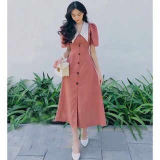 Đầm cổ trắng nút trước 4 màu (kèm hình thật)