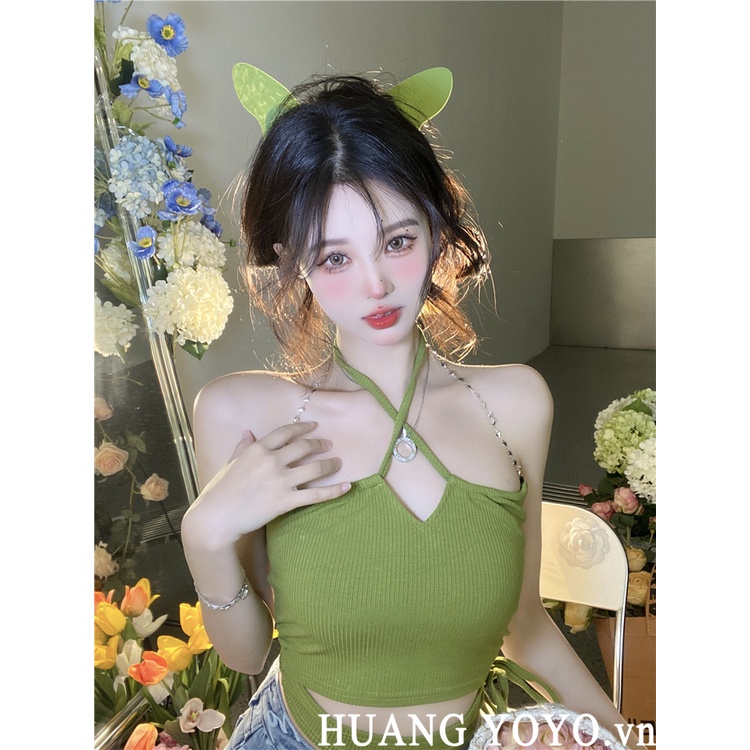 Áo Ống Ngắn Hai Dây Màu Xanh Lá Trơn Thời Trang Hàn Quốc Cho Nữ