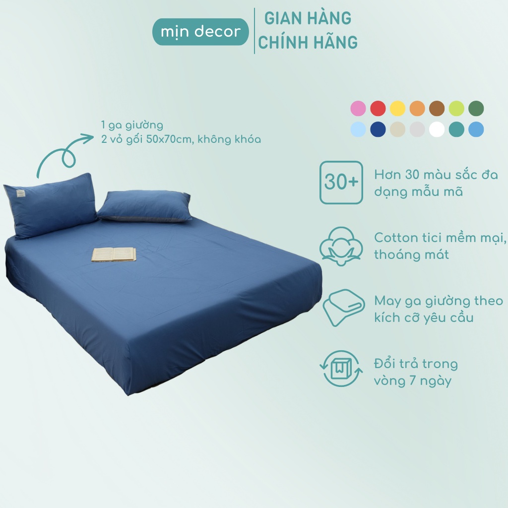 Bộ ga gối cotton tici, bộ ga giường một màu tici mềm mại thoáng mát