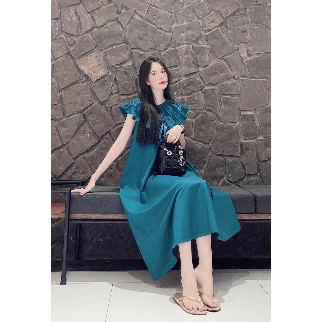 Váy suông cổ bèo chất trượt Hàn dáng suông dễ mặc, bầu bí thoải mái