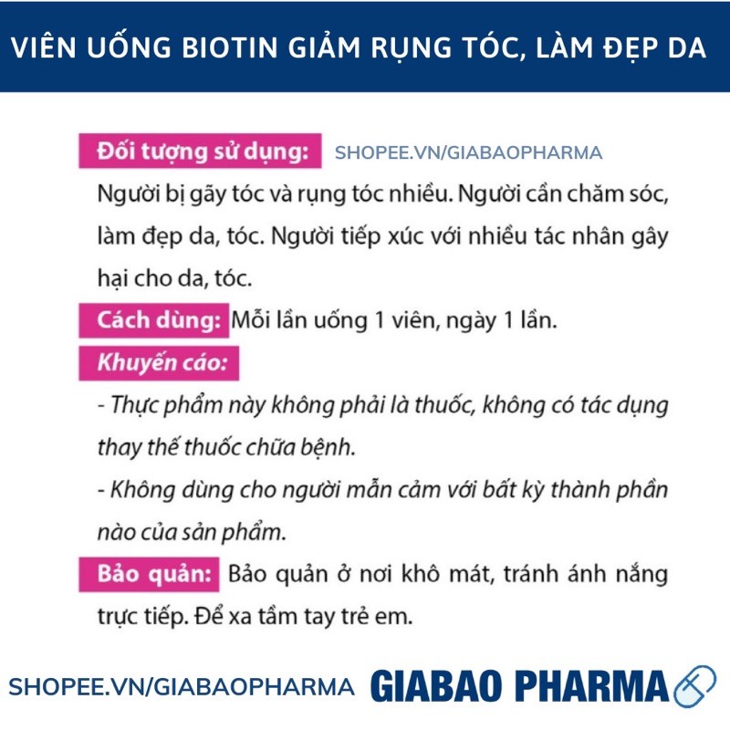 Viên uống bổ sung Biotin, Vitamin B5 giúp tóc chắc khỏe, giảm gãy rụng tóc - Hộp 20 viên