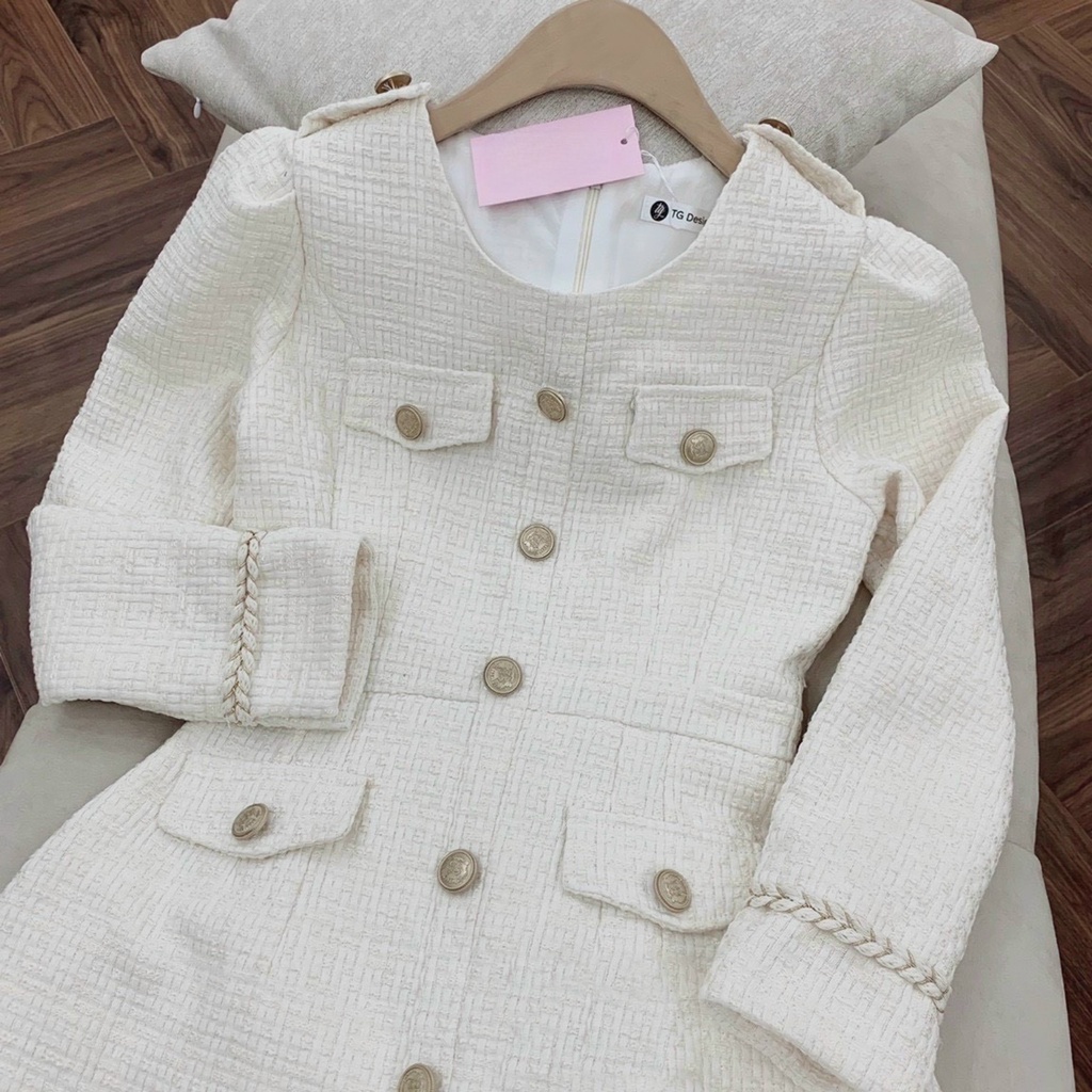 Váy thu đông váy dạ tweed phối cúc đồng dáng chữ A siêu xinh và sang chảnh