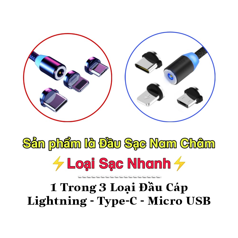 Đầu Cáp Sạc Nam Châm IPhone Lightning/Type-C/Micro USB Siêu Nhanh Siêu Chất