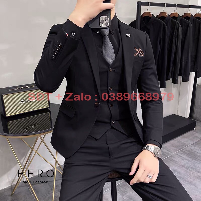 ( Hà Nội ) Bộ vest nam cao cấp vải xịn màu đen. Bộ suit nam thanh niên dáng ôm.