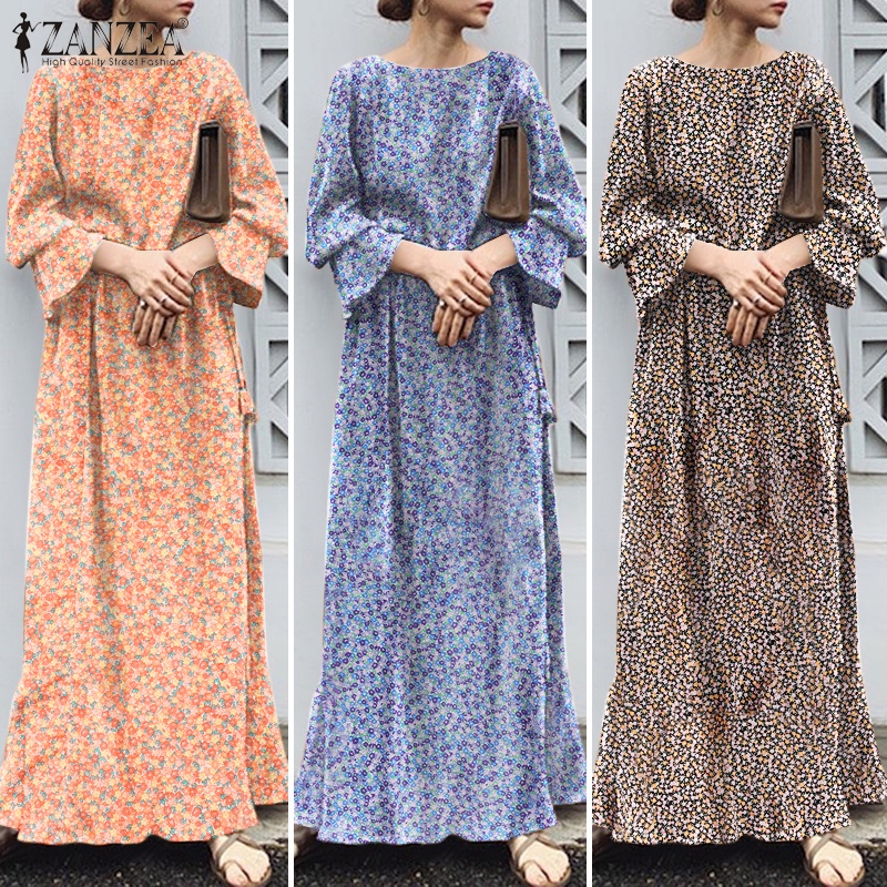 Đầm maxi Zanzea dài tay ống loe xẻ tà phong cách vintage thời trang cho nữ