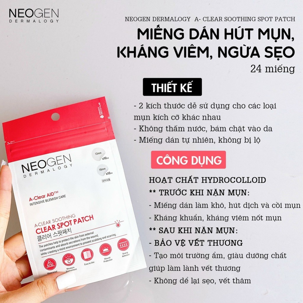 Miếng dán mụn giảm sưng viêm, ngừa sẹo Neogen Dermalogy A-Clear Soothing Clear Spot Patch 24 Miếng/2 Tờ Hàn Quốc