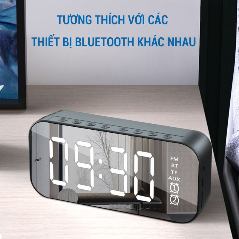 [HÀNG CÓ SẴN] Loa Bluetooth Kiêm Đồng Hồ Đài FM Mặt Tráng Gương Hiển Thị Đèn LED Kiểu Dáng 2021