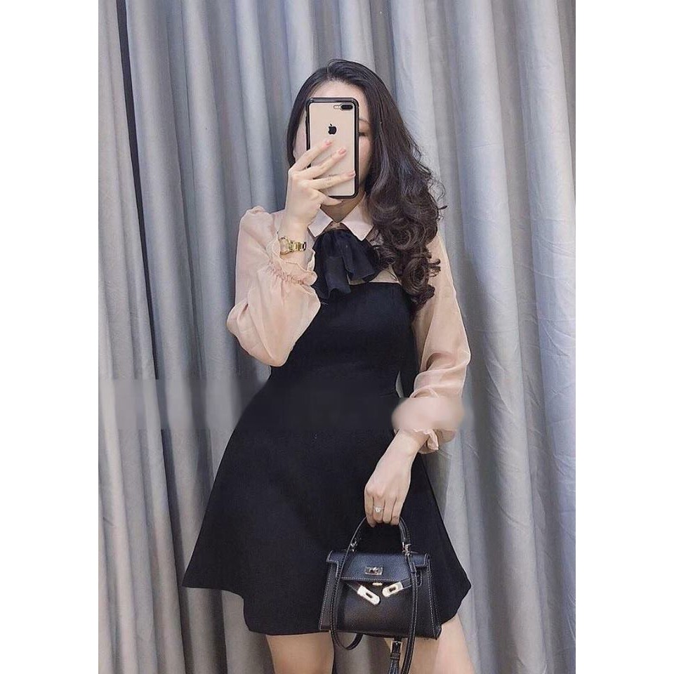 Đầm Xòe Thun Tay Dài Phối Lưới Cổ Sơ Mi Cột Nơ Thời Trang đầm thời trang váy đầm