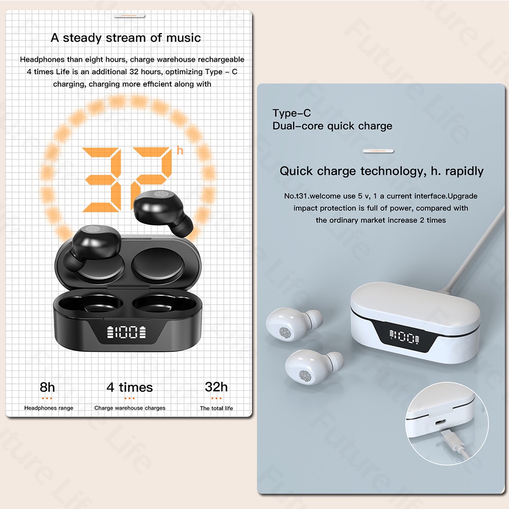 Tai nghe bluetooth 5.1 không dây âm thanh nổi 9D HD tích hợp đèn led màn hình điều khiển