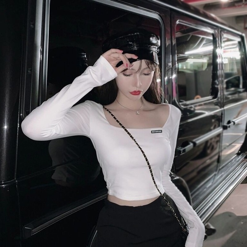 Áo Croptop Tay Dài Cổ Vuông Màu Sắc Đơn Giản Phong Cách Hàn Quốc Cho Nữ