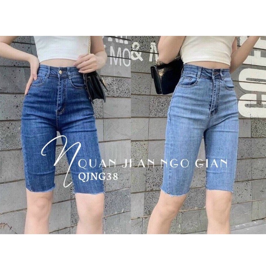 Quần ngố nữ đơn giản chất vải denim co dãn lưng cao, quần lửng nữ hai màu xanh đậm xanh nhạt T-FASHION 24H NN01