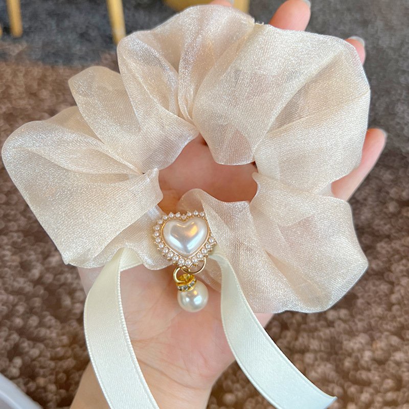 Dây buộc tóc, cột tóc scrunchies đính đá TRÁI TIM RUY BĂNG màu trơn Hàn Quốc