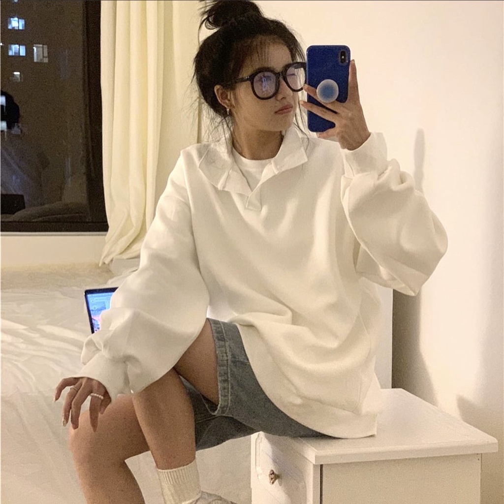 Áo Nỉ Cổ Polo PEONYB Nữ [FREESHIP]  Sweater form rộng tay bồng, hoodie trơn màu bánh bèo cá tính Ulzzang