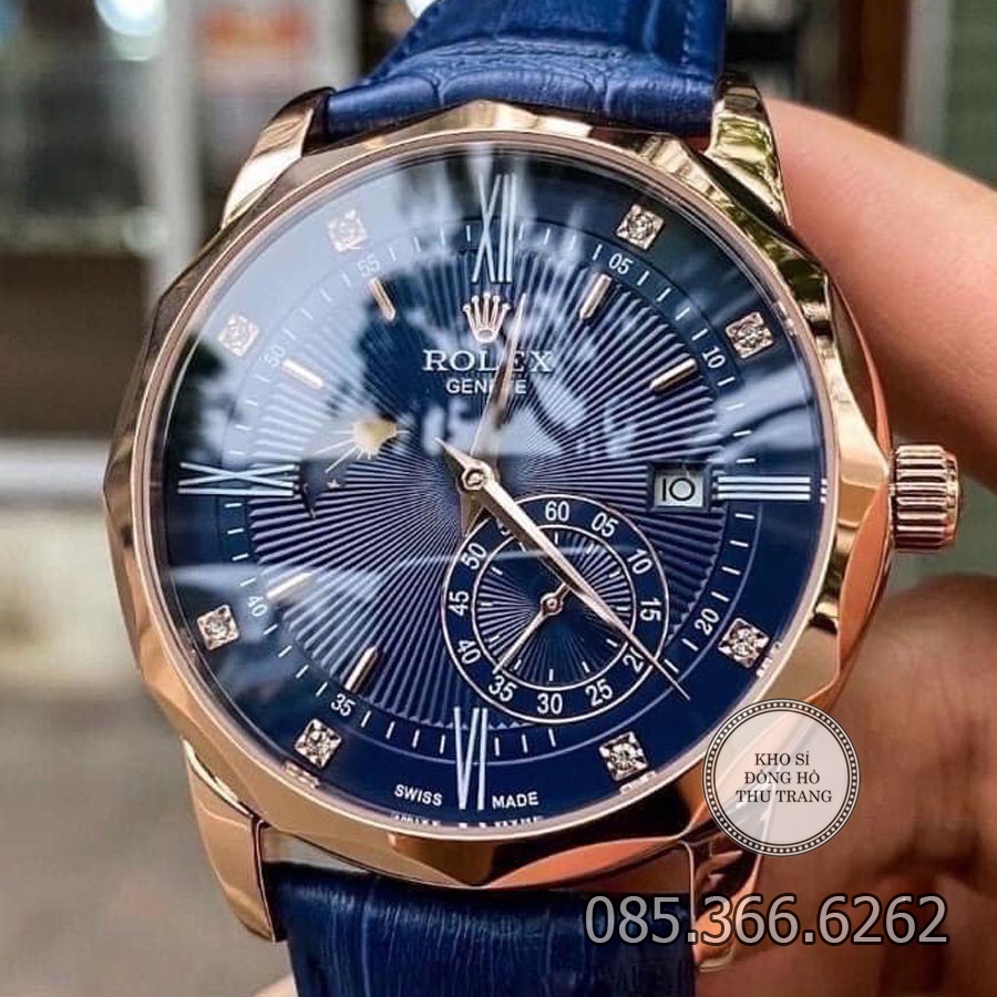 Đồng hồ nam Rolex cơ Automatic mẫu 3 kim mặt cắt vát kim cương xanh viền vàng size 40-41mm