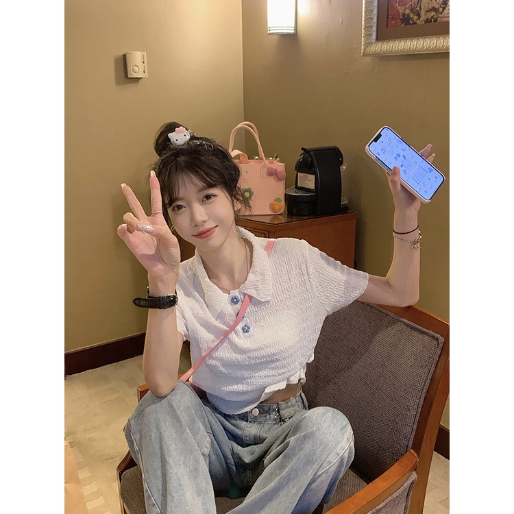 Áo sơ mi croptop Xiaozhainv đính nút phong cách Hàn Quốc thời trang xinh xắn cho nữ