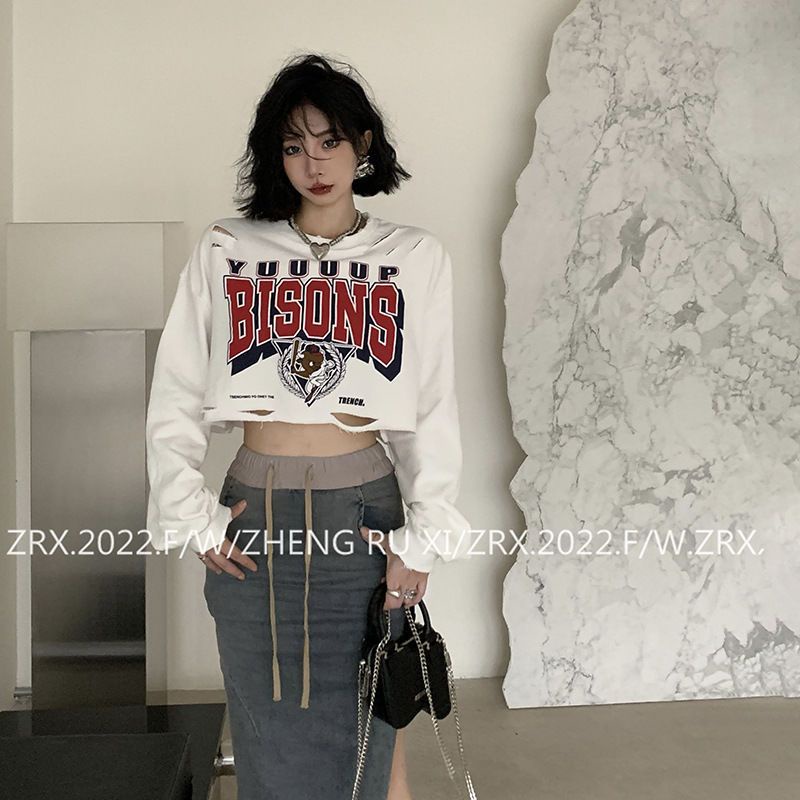 COZOKC COZOK Áo thun crop top COZOK tay dài in họa tiết chữ cái thời trang Hàn Quốc dành cho nữ