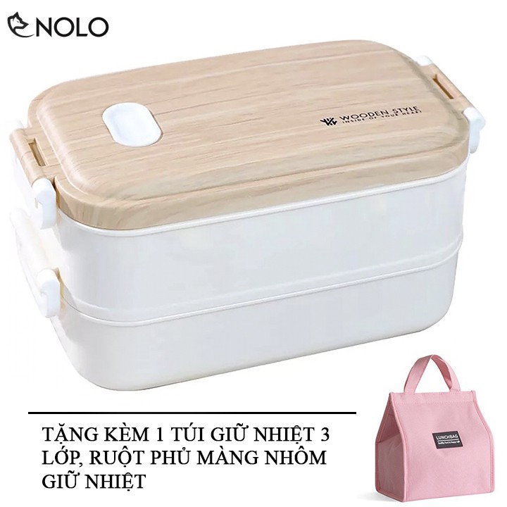 Hộp Đựng Cơm Bento 2 Tầng Model DIEP03 Nắp Giả Vân Gỗ Dùng Được Lò Vi Sóng Có Tặng Kèm Túi Giữ Nhiệt Cao Cấp