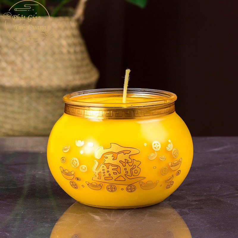 Nến Bơ ,  đèn cầy ly chữ phật , sen , chữ bảo , đèn cầy ly thủy tinh lưu ly 7 màu - phật giáo tuệ quang