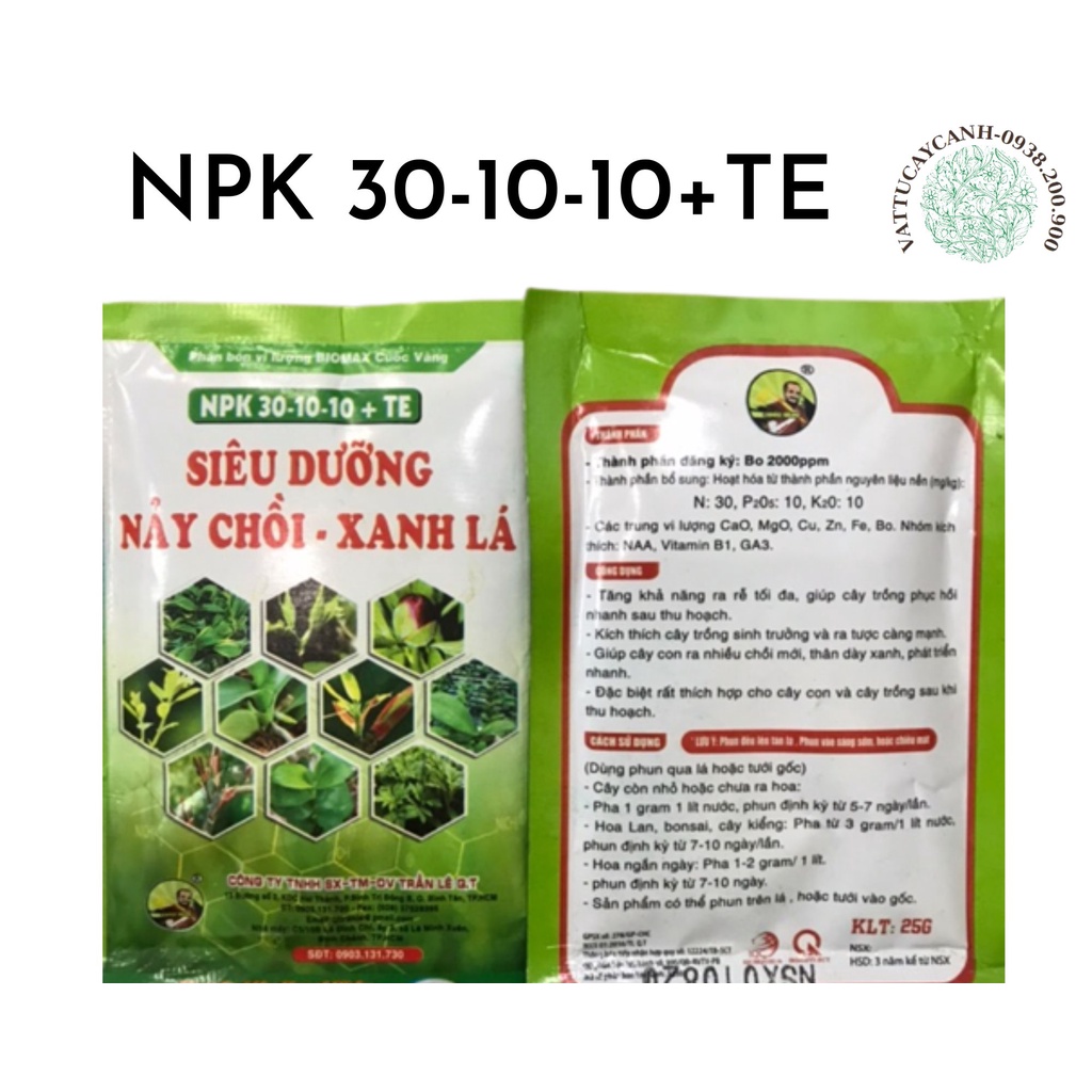 Phân bón lá npk 30-10-10 Gói 25G Siêu Dưỡng - Nảy Chồi - Xanh Lá