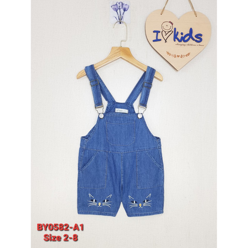 BY0582-A1 - Yếm bé gái jean giấy , thêu  hình mèo , màu xanh đậm , size  2t-8t.