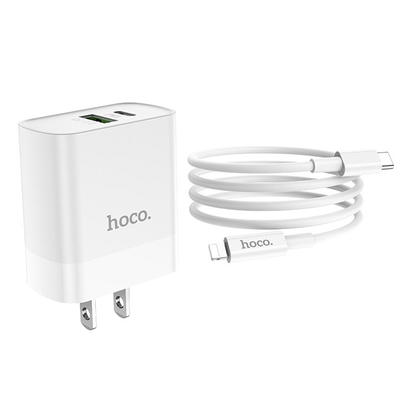 Sạc iPhone nhanh Hoco C80 2 cổng USB PD 20W QC 3.0, dây Type C to Lightning cho iPhone 13,12,11,X,8,7,6