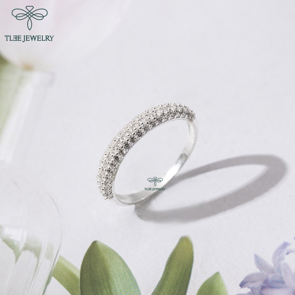 Nhẫn bạc nữ TLEE mẫu bo tròn đính ba hàng đá nhỏ lấp lánh TleeJewelry A0207