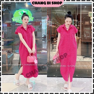 Váy suông - Váy sơ mi dáng dài kẻ hồng chất liệu đũi mềm mại bầu bí mặc thoải mái Chang Bi Shop