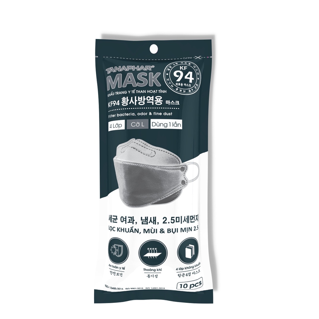 Khẩu trang y tế tanaphar mask KF94 (than hoạt tính) túi 10 chiếc