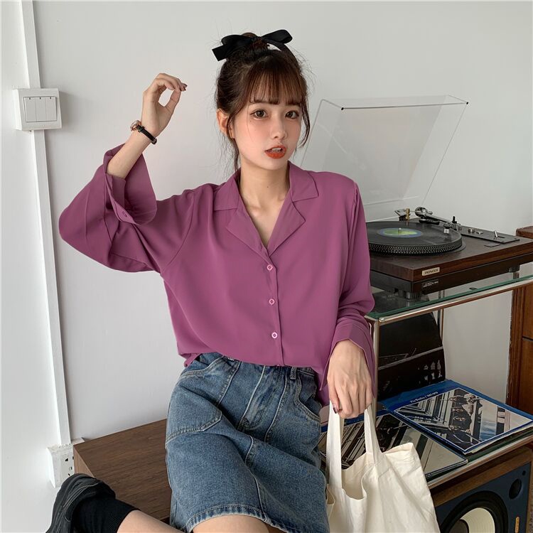 SUXI Áo Sơ Mi Tay Dài Màu Trơn Cổ Bẻ Thời Trang Mùa Thu Cho Nữ