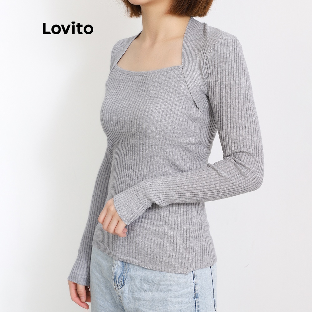 Áo sweater Lovito dáng ôm tay dài cổ vuông giản đơn duyên dáng hợp thời trang L08219 (be/cà phê) | BigBuy360 - bigbuy360.vn