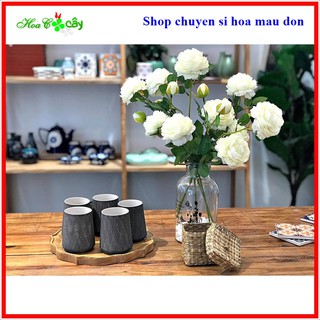 Lọ hoa Mẫu đơn cắm sẵn Hoa hồng mẫu đơn giả cành lớn 2 bông 1 nụ - Trang trí để bàn - Trà quý tộc