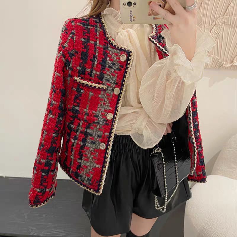 (SẴN) Áo dạ tweed đỏ viền