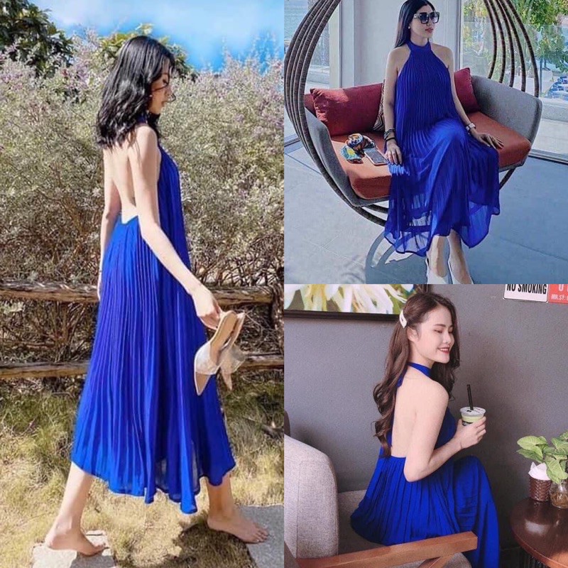 Đầm maxi xanh dập ly, Đầm xanh xoè yếm cột nơ dập ly cao cấp