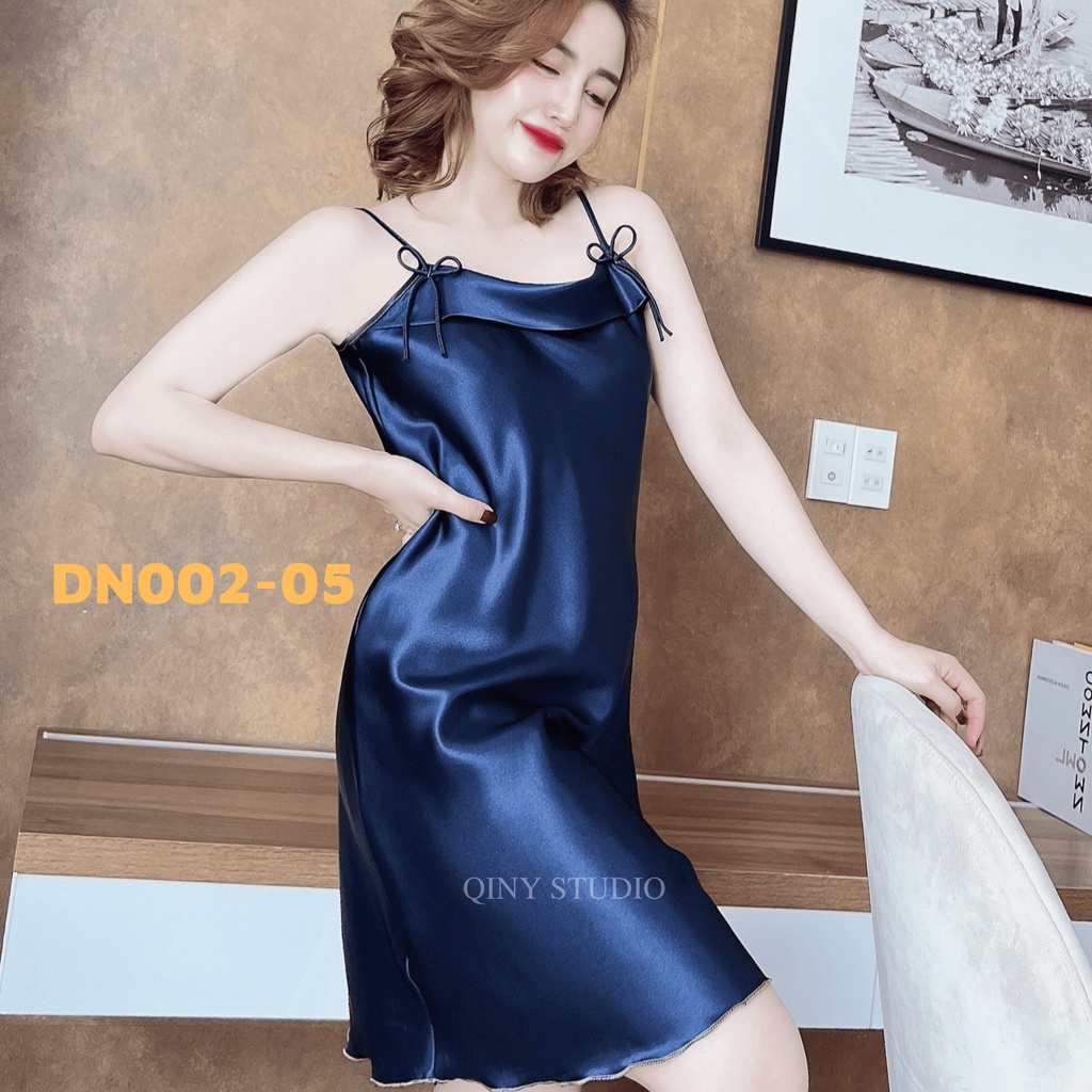 Váy ngủ 2 dây Qiny Studio, đồ ngủ sexy gợi cảm, đầm ngủ nữ mặc nhà vải lụa