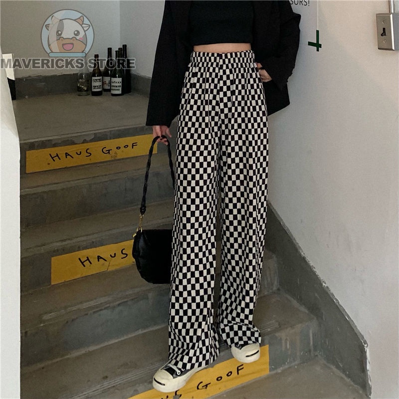 Quần Dài Nữ Ống Rộng Xếp Ly Sọc Caro Trắng Đen Thời Trang Thanh Lịch