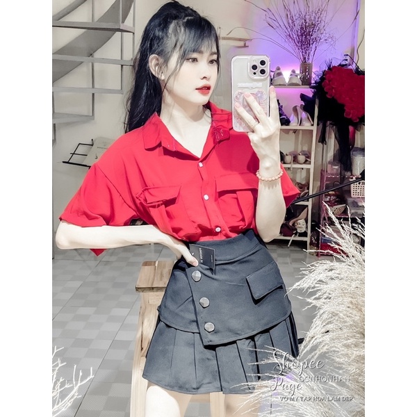 Set áo sơmi túi nắp phối chân váy tầng nút