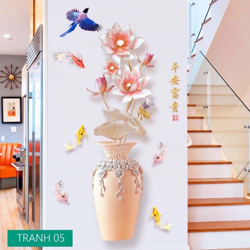 Decal Dán Tường 3D Tranh Decor Trang Trí Nhà Bình Hoa Sang Trọng Khổ Lớn