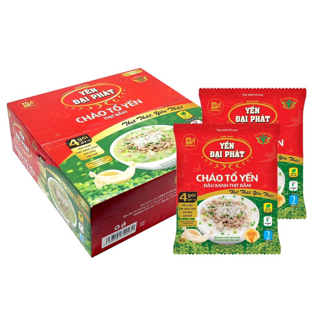 Thùng Cháo Tổ Yến Đậu Xanh Thịt Bằm - Yến Đại Phát (30 gói x 50gram) 4 gói gia vị, ăn liền, tiện lợi, thơm ngon.