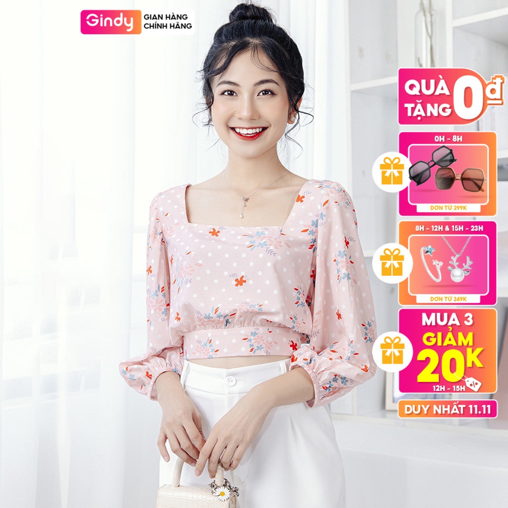 Áo sơ mi lụa nữ dáng croptop cổ vuông dài tay GINDY họa tiết hoa hải đường chất lụa ngọc trai mềm mát thoải mái A5102