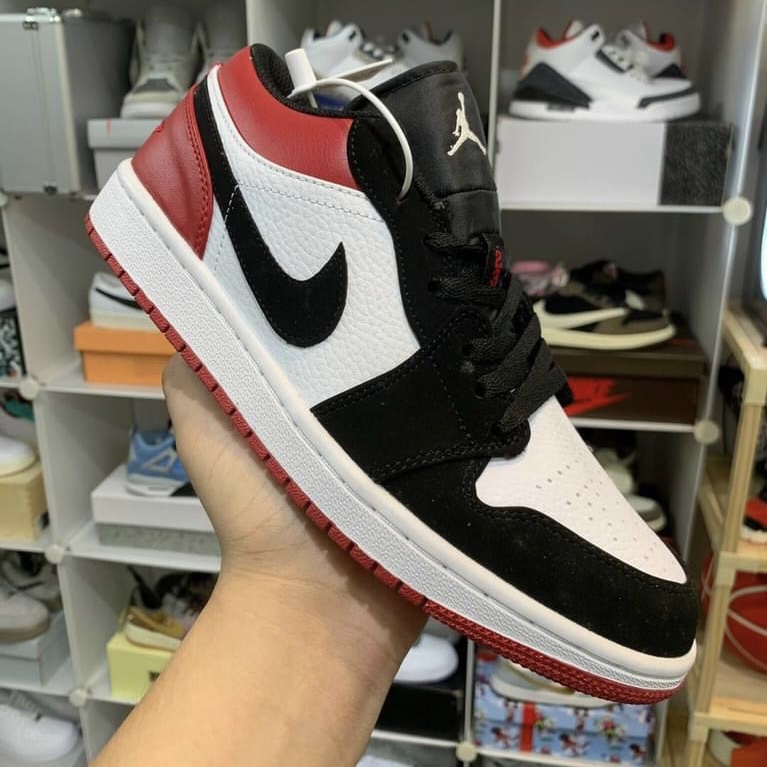 Giày sneaker Jordan 1 Low đen đỏ cực hot, Giày thể thao JD1 Low Bred Toe Nam Nữ
