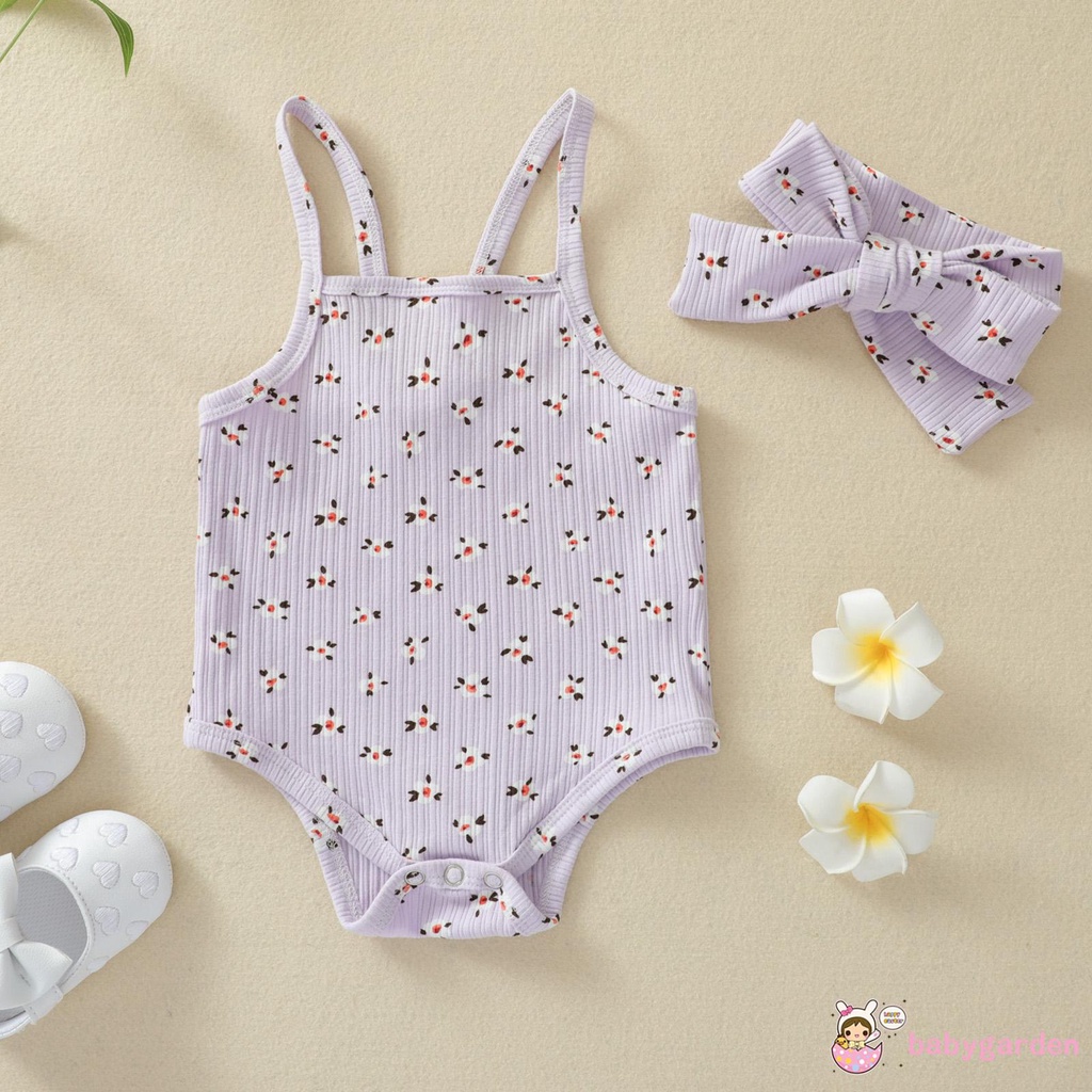 Áo Liền Quần Không Tay In Hoa Kèm Băng Đô Cho Bé Gái