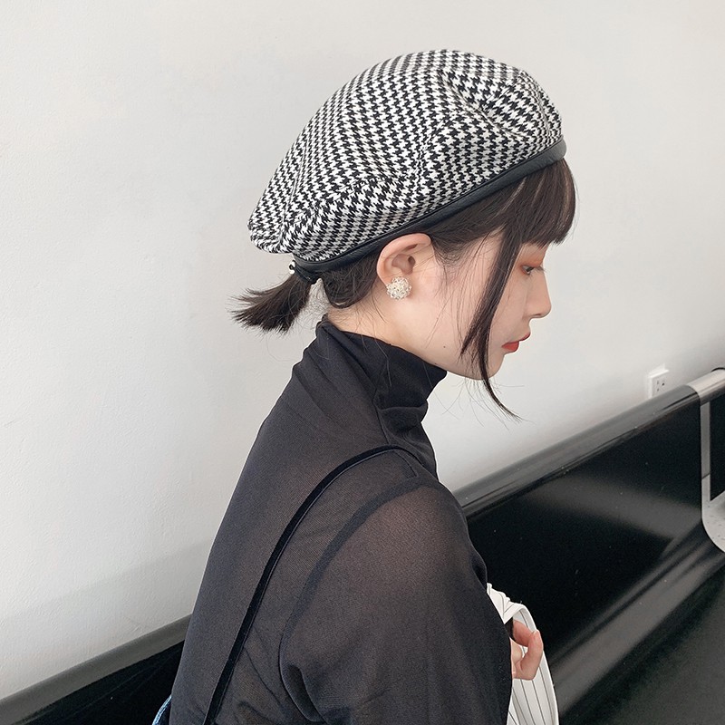 Nón Beret Họa Tiết Ca Rô Trắng Đen Phong Cách Hàn Quốc Thời Trang Xuân Hè Cho Nữ