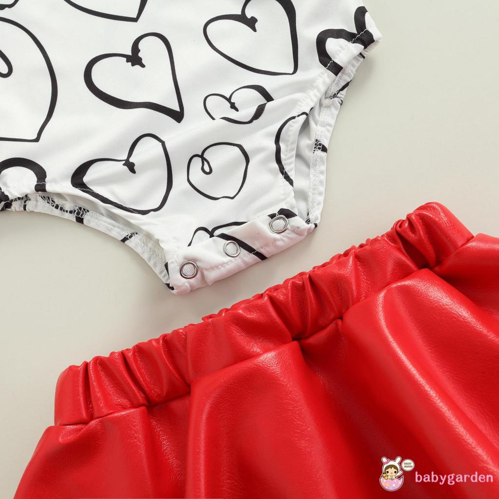 Bộ áo liền quần tay dài cổ tròn in hình trái tim phối chân váy da đỏ xinh xắn cho bé gái 0-18 tháng tuổi