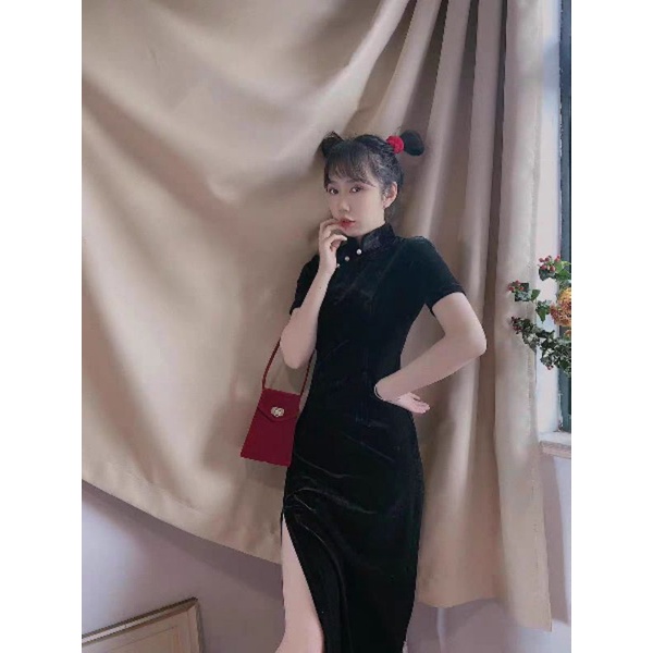 Sườn Xám Nhung Đính Hạt Trắng 40-70 Kg