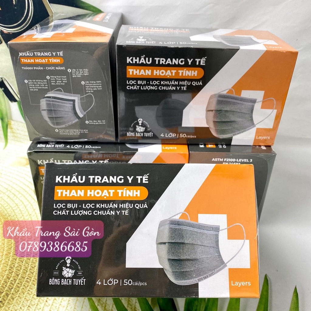 Combo 5 hộp khẩu trang y tế 4 lớp THAN HOẠT TÍNH 50 cái/ hộp Chính hãng BÔNG BẠCH TUYẾT