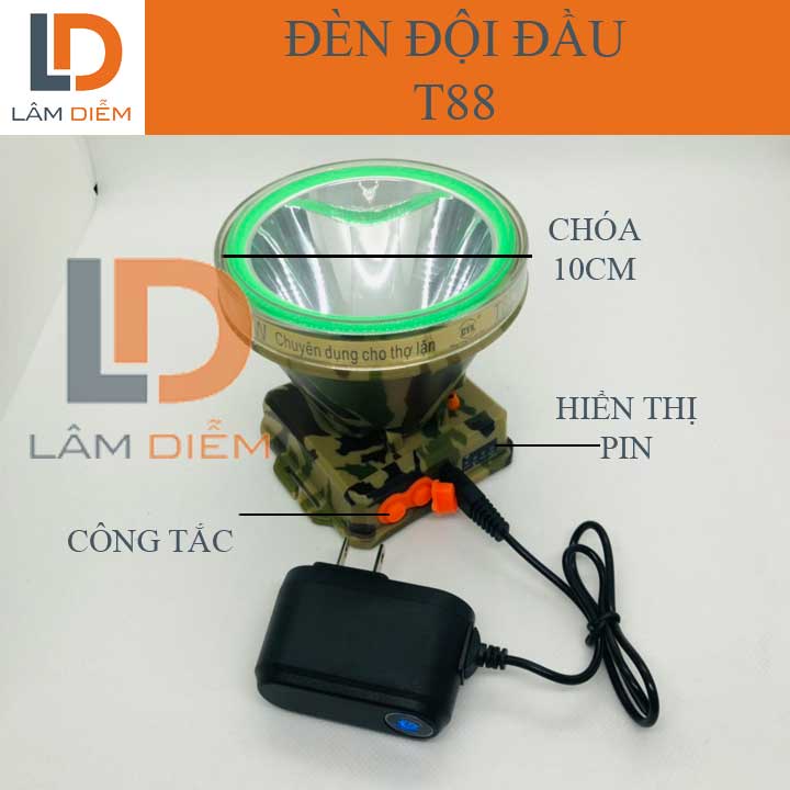Đèn đeo đầu pin trâu hiển thị phần trăm pin siêu sáng kín nước T88